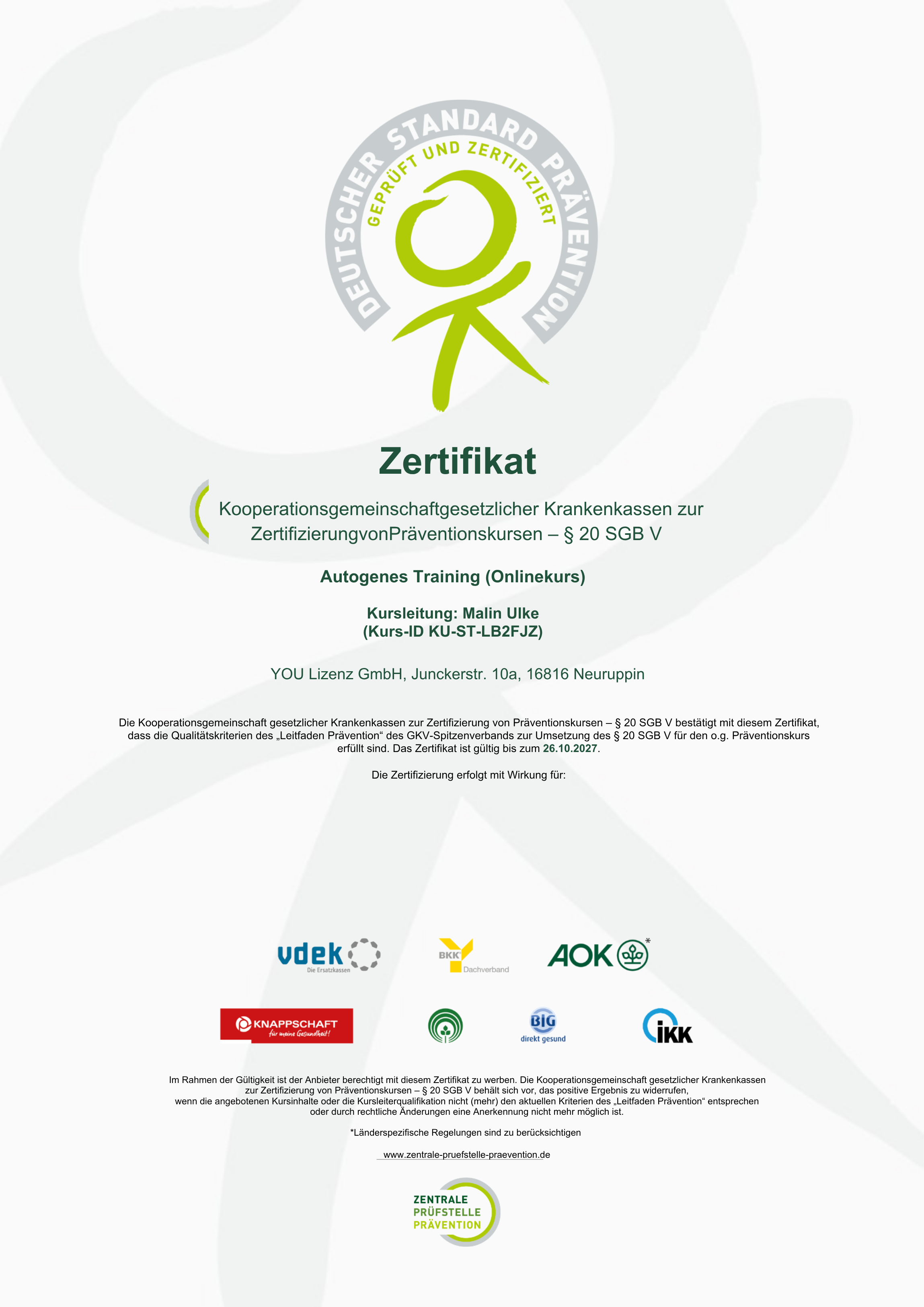 Zertifikat des Präventionskurses